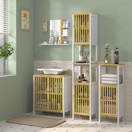 Bamboo Panel Bathroom Mirror, with Shelves - White