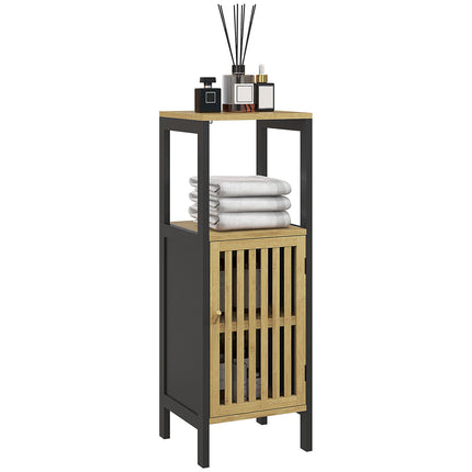 Bamboo-Blend Retro Cut-Out Bathroom Storage Unit with Cupboard - Black Natural