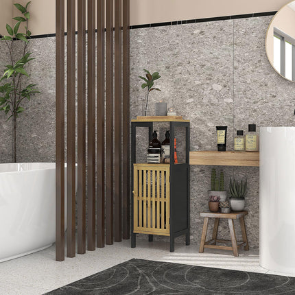 Bamboo-Blend Retro Cut-Out Bathroom Storage Unit with Cupboard - Black Natural