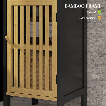 Bamboo-Blend Retro Cut-Out Bathroom Storage Unit with Cupboard - Black Natural