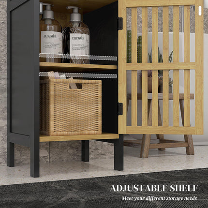 Bamboo-Blend Retro Cut-Out Bathroom Storage Unit with Cupboard - Black Natural