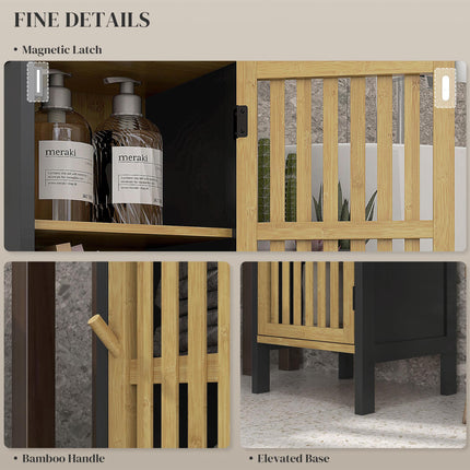 Bamboo-Blend Retro Cut-Out Bathroom Storage Unit with Cupboard - Black Natural