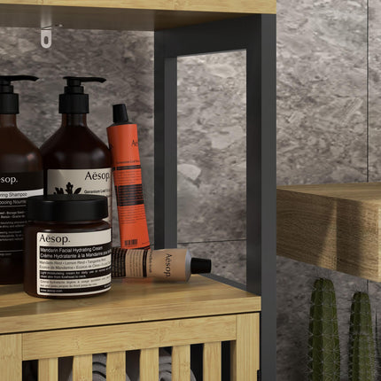 Bamboo-Blend Retro Cut-Out Bathroom Storage Unit with Cupboard - Black Natural