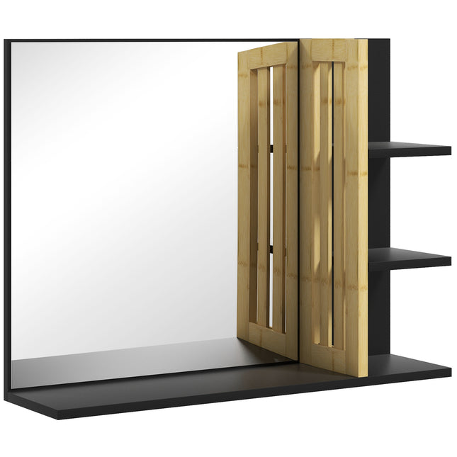 Bamboo Panel Bathroom Mirror with Four Shelves - Black