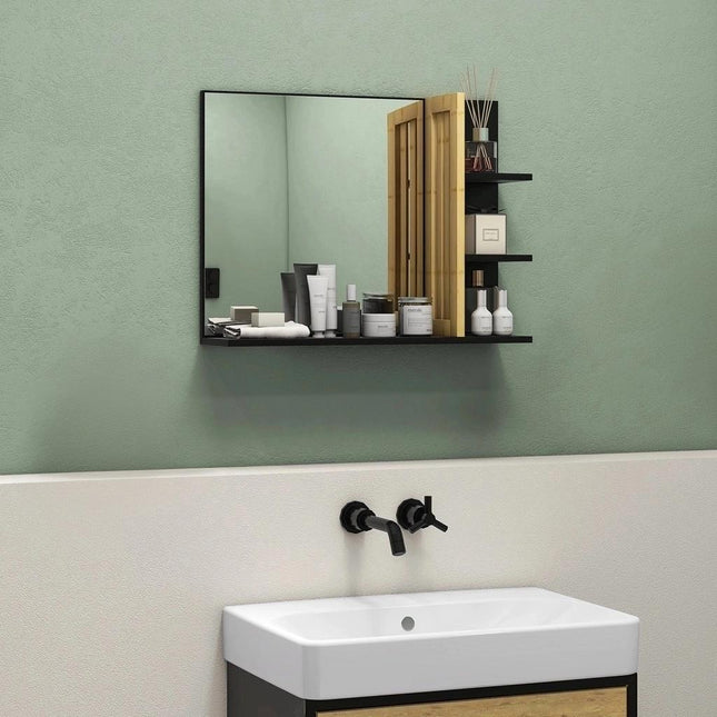 Bamboo Panel Bathroom Mirror with Four Shelves - Black