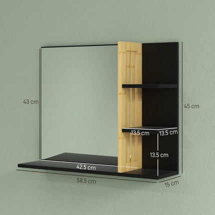 Bamboo Panel Bathroom Mirror with Four Shelves - Black