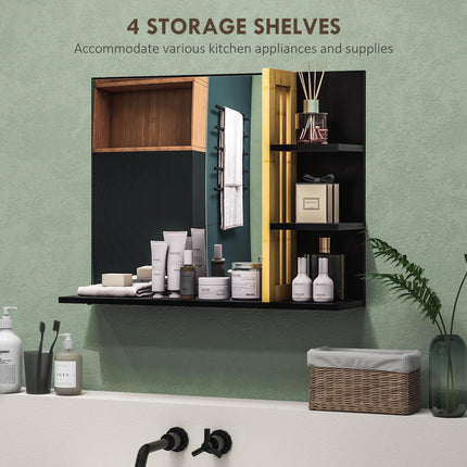 Bamboo Panel Bathroom Mirror with Four Shelves - Black