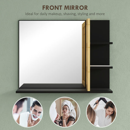 Bamboo Panel Bathroom Mirror with Four Shelves - Black
