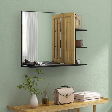 Bamboo Panel Bathroom Mirror with Four Shelves - Black