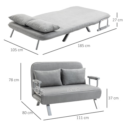 Two-Seater Click-Clack Sofa Bed with Pillows - Light Grey
