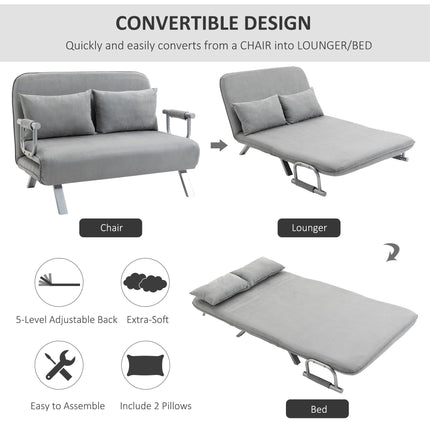 Two-Seater Click-Clack Sofa Bed with Pillows - Light Grey