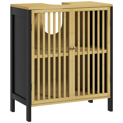 Bamboo-Blend Retro Cut-Out Under Sink Cabinet with Adjustable Shelves - Black Natural