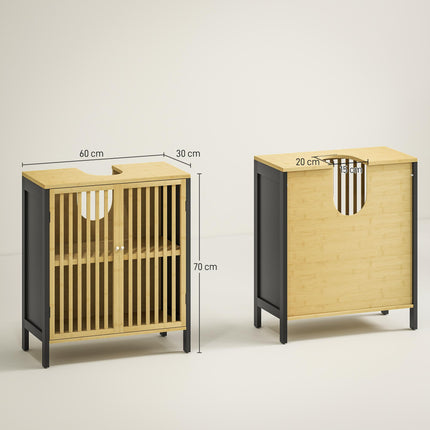 Bamboo-Blend Retro Cut-Out Under Sink Cabinet with Adjustable Shelves - Black Natural