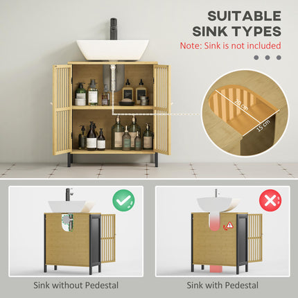 Bamboo-Blend Retro Cut-Out Under Sink Cabinet with Adjustable Shelves - Black Natural