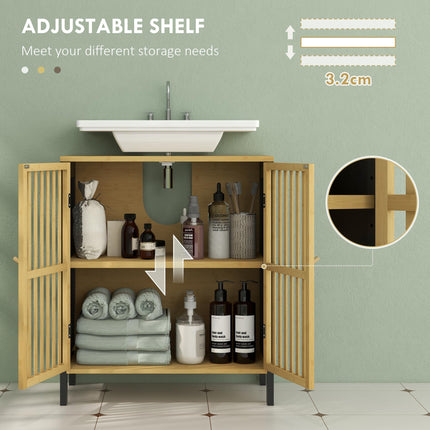 Bamboo-Blend Retro Cut-Out Under Sink Cabinet with Adjustable Shelves - Black Natural