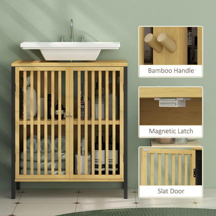 Bamboo-Blend Retro Cut-Out Under Sink Cabinet with Adjustable Shelves - Black Natural
