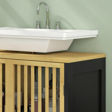 Bamboo-Blend Retro Cut-Out Under Sink Cabinet with Adjustable Shelves - Black Natural