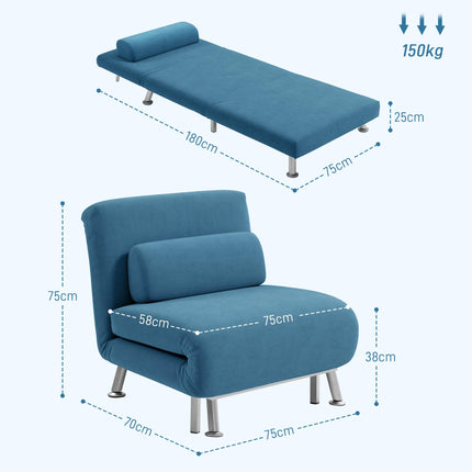 Single Velvet-Feel 3-in-1 Sleeper Chair with Adjustable Backrest - Blue