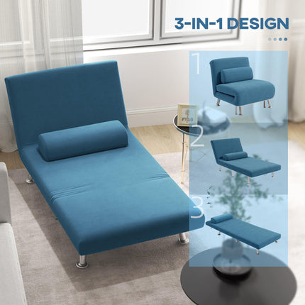 Single Velvet-Feel 3-in-1 Sleeper Chair with Adjustable Backrest - Blue