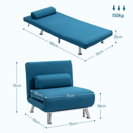 Single Linen-Look Sleeper Chair 3-in-1 with Adjustable Backrest - Blue