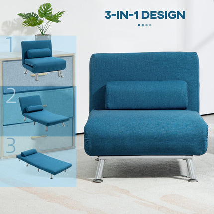 Single Linen-Look Sleeper Chair 3-in-1 with Adjustable Backrest - Blue