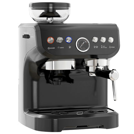 15 Bar Automatic Coffee Machine with Adjustable Grind and Steamer - Black