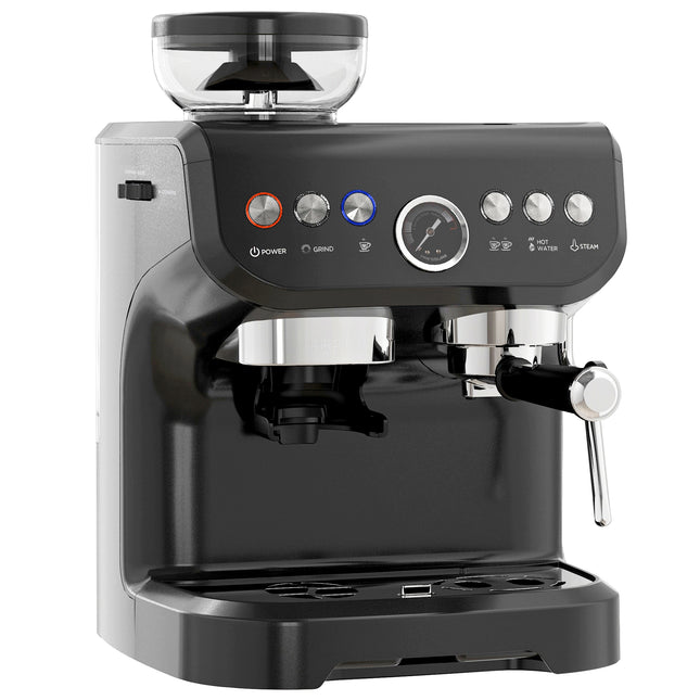 15 Bar Automatic Coffee Machine with Adjustable Grind and Steamer - Black