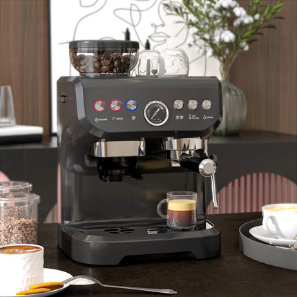 15 Bar Automatic Coffee Machine with Adjustable Grind and Steamer - Black