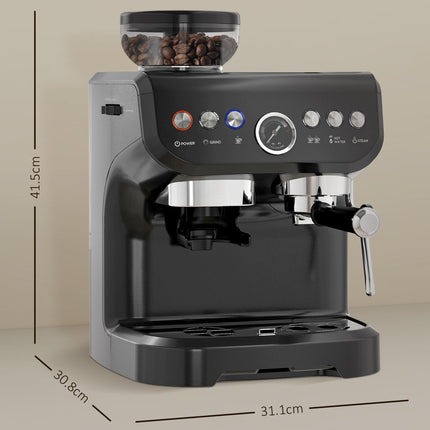 15 Bar Automatic Coffee Machine with Adjustable Grind and Steamer - Black