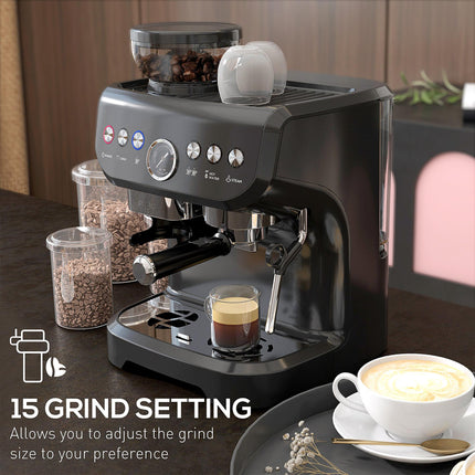 15 Bar Automatic Coffee Machine with Adjustable Grind and Steamer - Black