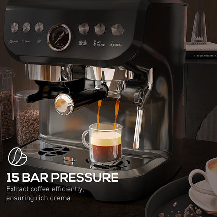 15 Bar Automatic Coffee Machine with Adjustable Grind and Steamer - Black