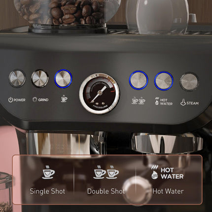 15 Bar Automatic Coffee Machine with Adjustable Grind and Steamer - Black