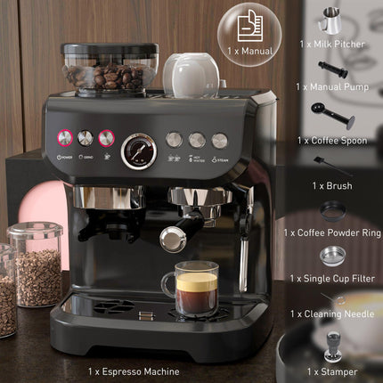 15 Bar Automatic Coffee Machine with Adjustable Grind and Steamer - Black