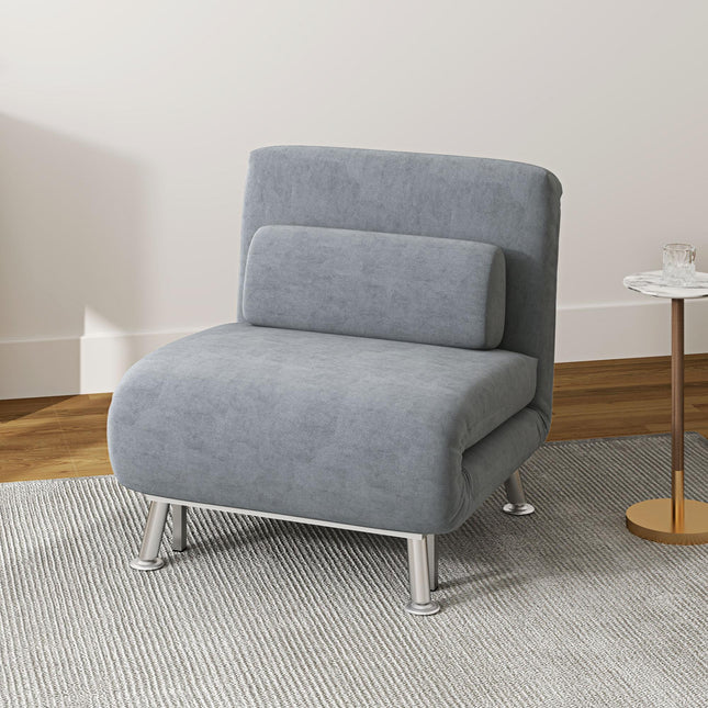Single Velvet-Feel 3-in-1 Sleeper Chair with Adjustable Backrest - Grey