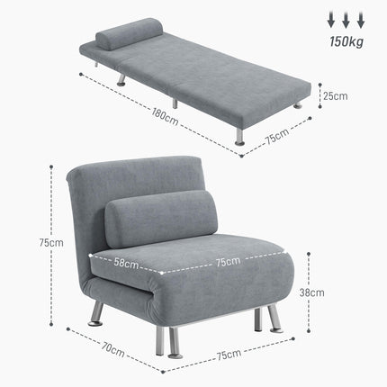 Single Velvet-Feel 3-in-1 Sleeper Chair with Adjustable Backrest - Grey