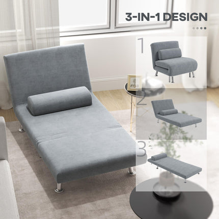 Single Velvet-Feel 3-in-1 Sleeper Chair with Adjustable Backrest - Grey