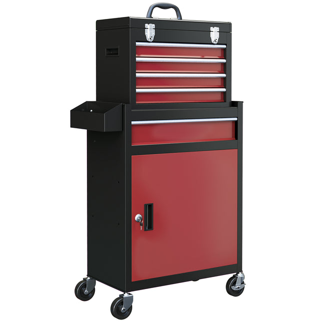 Two-Part Rolling Tool Storage Chest with Lockable Cabinet - Black/Red