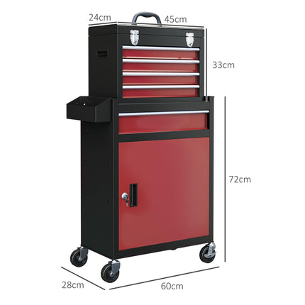 Two-Part Rolling Tool Storage Chest with Lockable Cabinet - Black/Red
