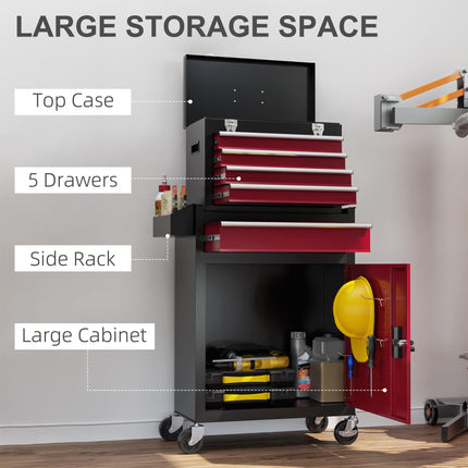 Two-Part Rolling Tool Storage Chest with Lockable Cabinet - Black/Red