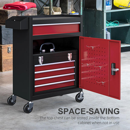 Two-Part Rolling Tool Storage Chest with Lockable Cabinet - Black/Red