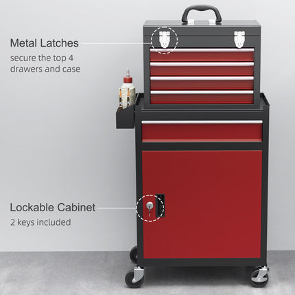 Two-Part Rolling Tool Storage Chest with Lockable Cabinet - Black/Red