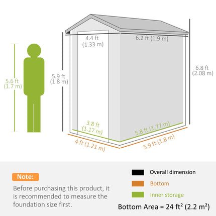 4.4ft x 6.2ft Aluminium Frame Garden Storage Shed with Foundation - Grey