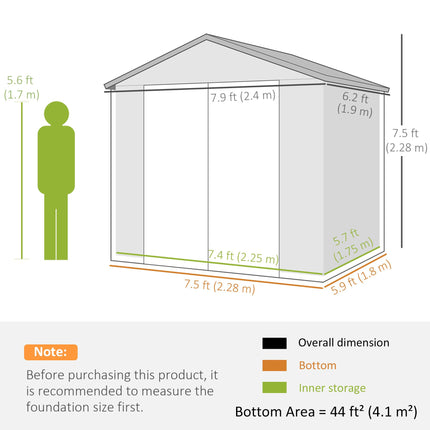7.9ft x 6.2ft Aluminium Frame Garden Storage Shed with Foundation - Grey