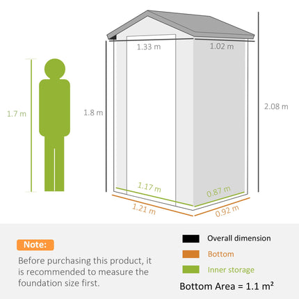 4.4ft x 3.3ft Aluminium Frame Plastic Wall Garden Shed with Foundation - Grey
