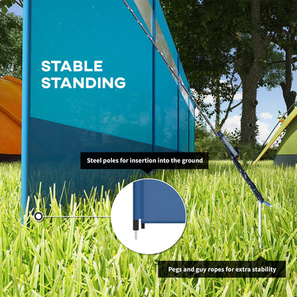Camping Windbreaker 725 x 140cm with Clear Windows, Steel Poles & Carry Bag for Beach Caravan Campervan - Blue