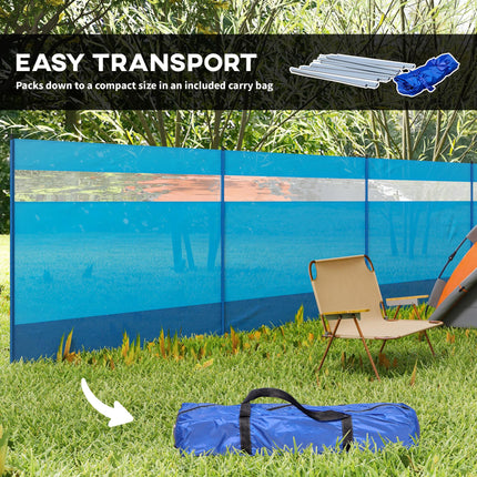 Camping Windbreaker 725 x 140cm with Clear Windows, Steel Poles & Carry Bag for Beach Caravan Campervan - Blue