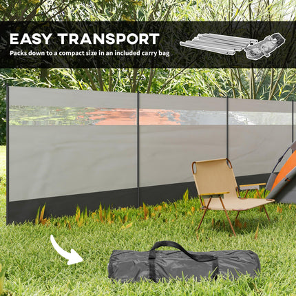 Camping Windbreaker 725x140cm with Clear Windows, Steel Poles & Carry Bag - Grey