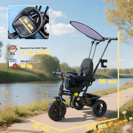 6 in 1 Kids Tricycle with 5-Point Harness, Removable Canopy - Dark Blue
