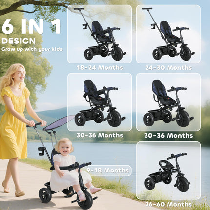 6 in 1 Kids Tricycle with 5-Point Harness, Removable Canopy - Dark Blue