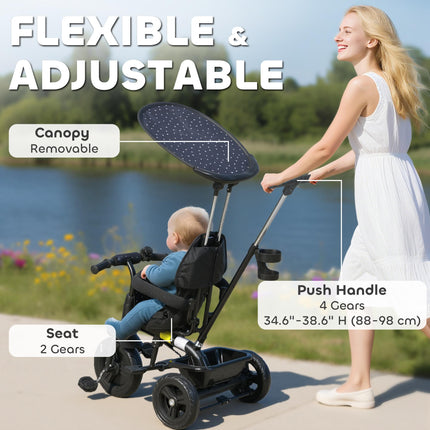 6 in 1 Kids Tricycle with 5-Point Harness, Removable Canopy - Dark Blue